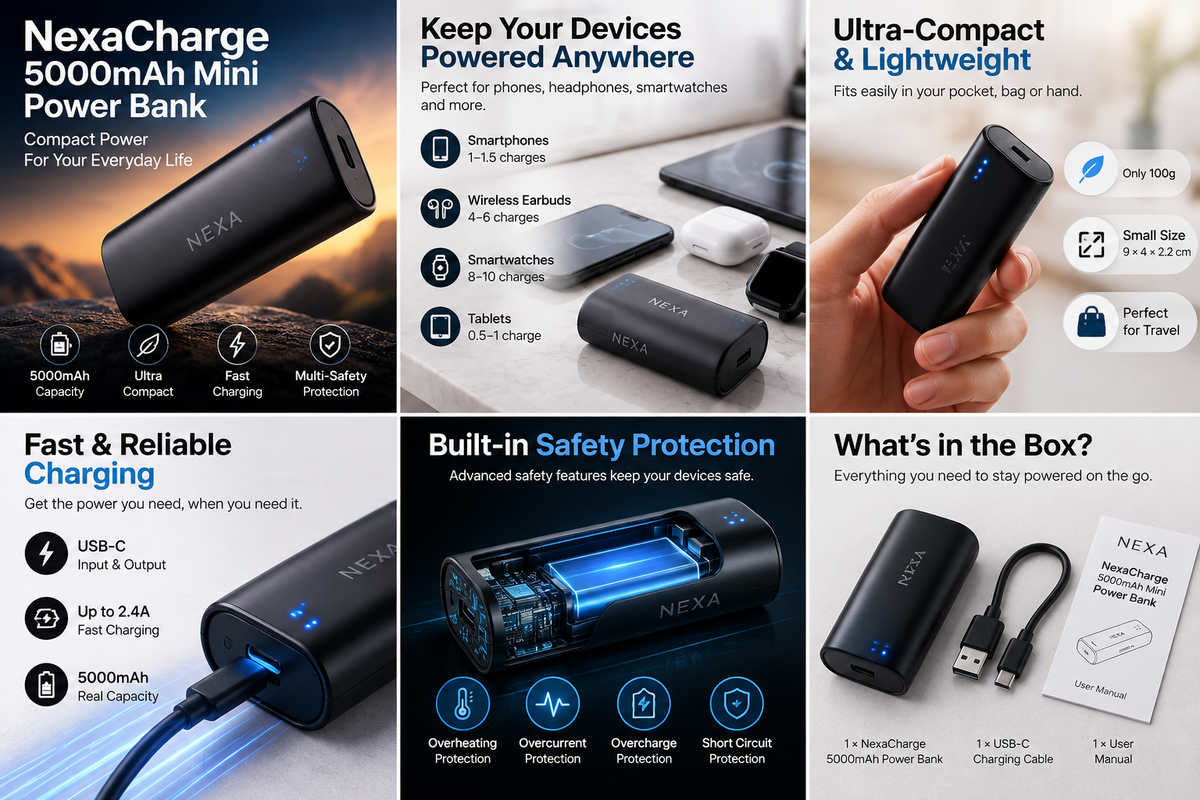 NexaCharge 5000mAh mini power bank – compact USB-C portable charger