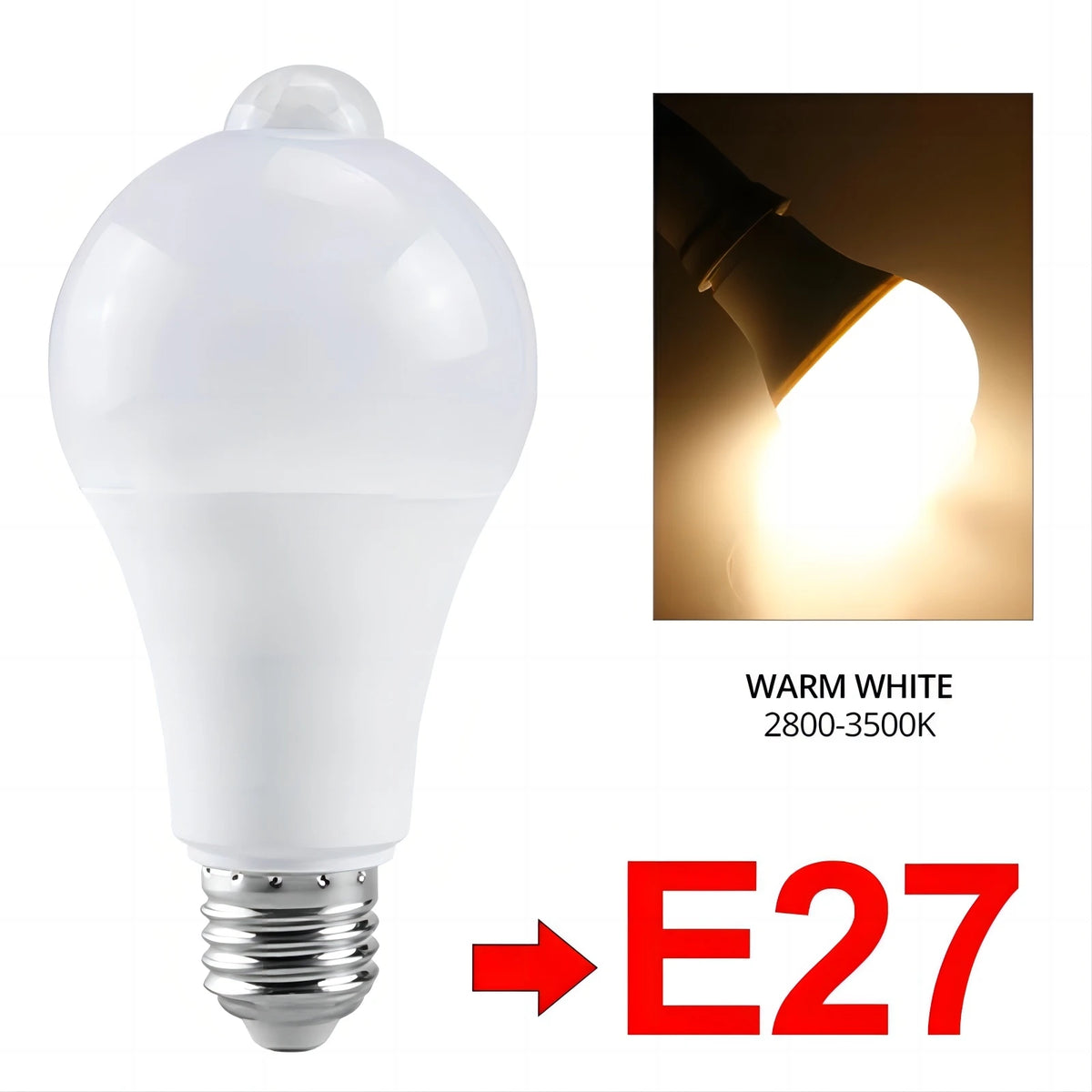 E27 Warm White Color Motion Sensor LED Light Bulb for Indoor Security Lighting