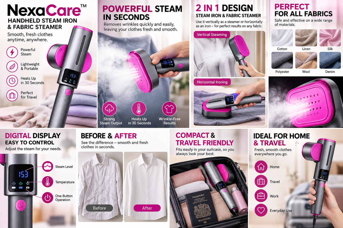 NexaCare grey and pink handheld steam iron and fabric steamer
