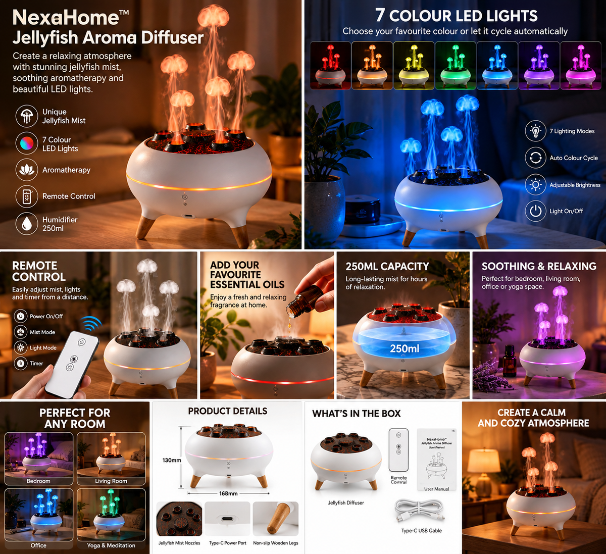 Conceptual colour lighting and lifestyle collage for Jellyfish diffuser; illustrative details
