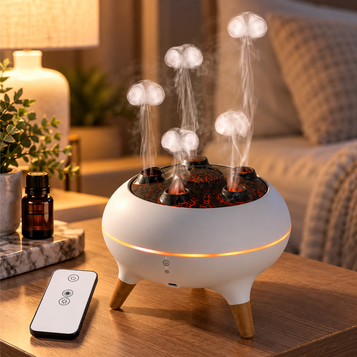 Illustrative lifestyle image of 250ml jellyfish diffuser in a warm living room