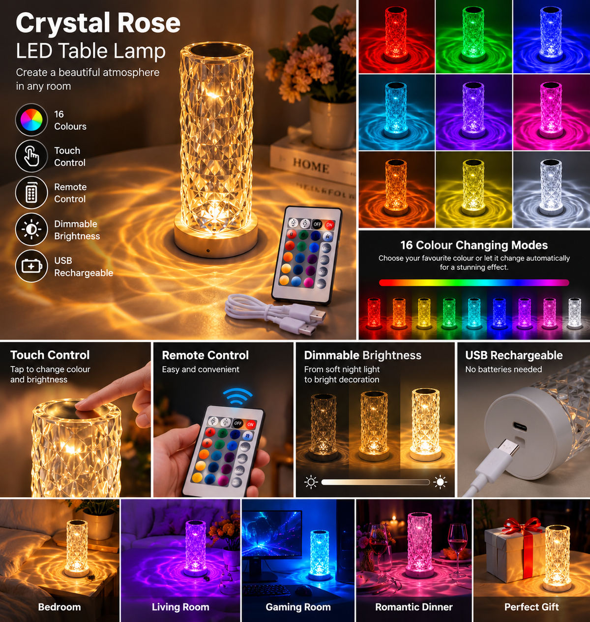 Illustration of 16 colour settings and lamp functions
