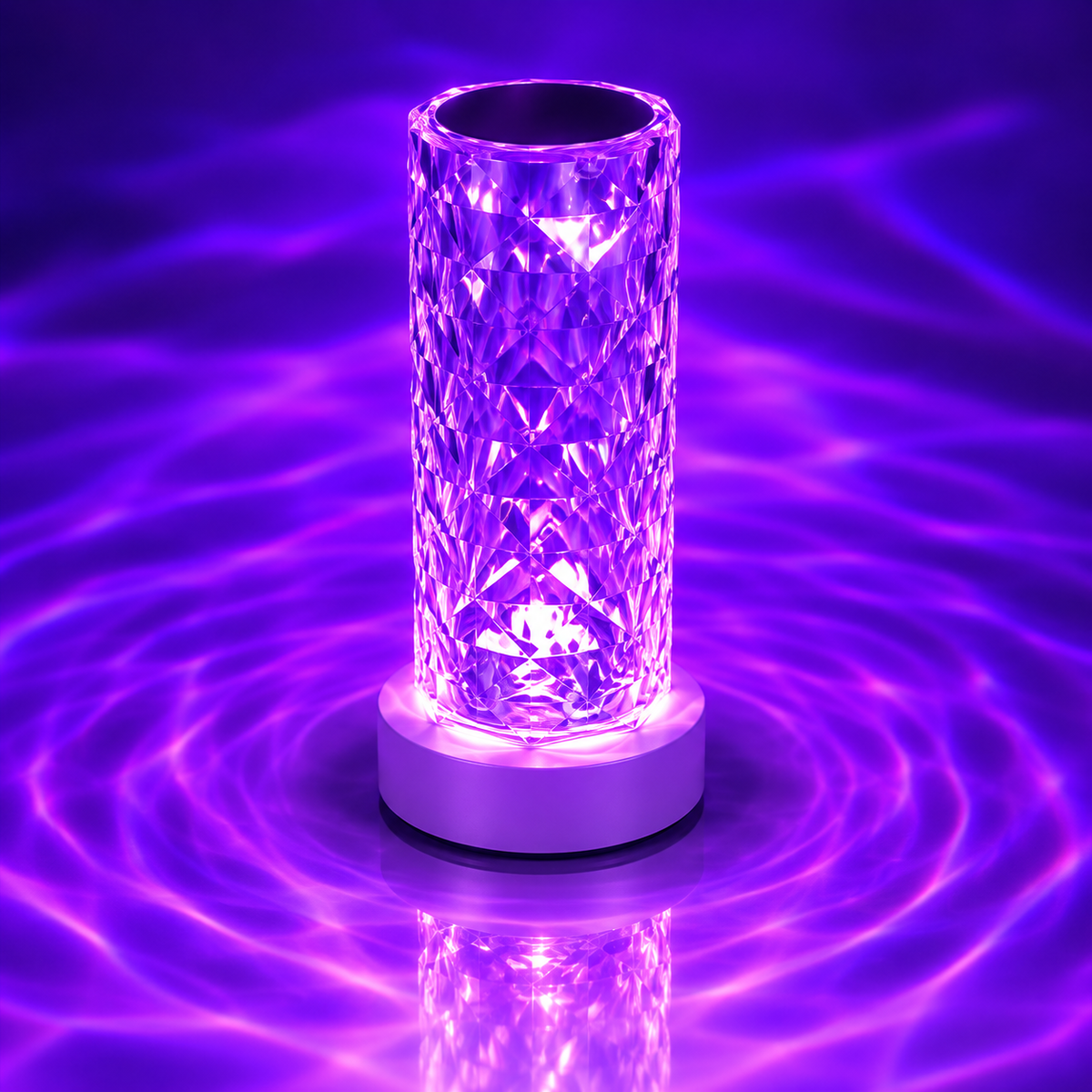 Crystal-style colour changing RGB LED table lamp lit purple